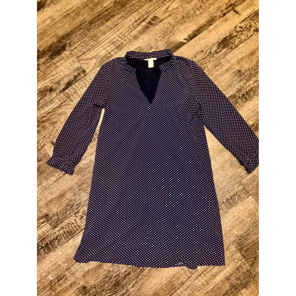H&M Navy Blue White Polka Dot Split V-Neck Long Sleeve Shift Dress Womens 8